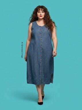 Cleo Denim Button Front Dress Size 12 Embroidered Hem Sleeveless Cotton